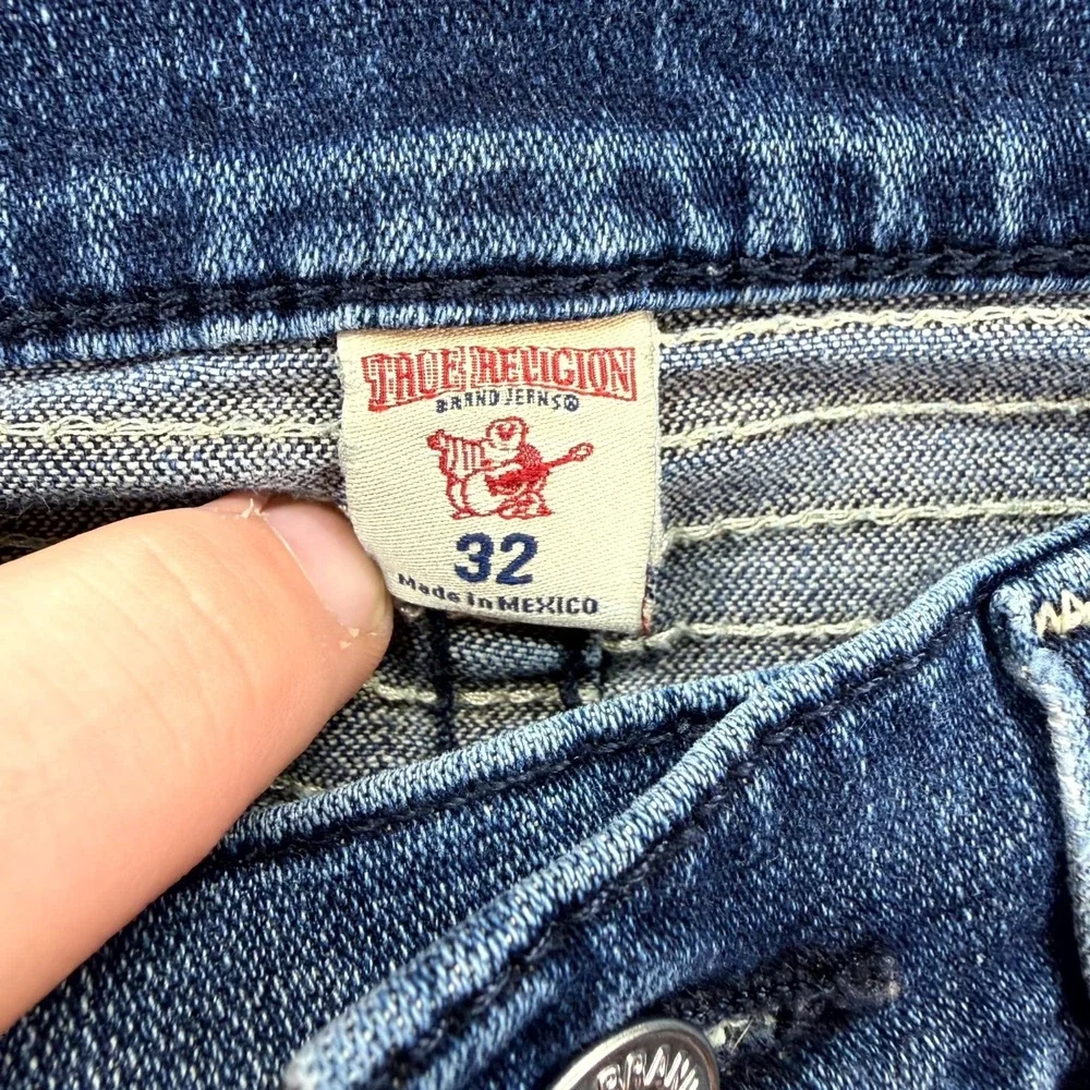 True Religion Jeans Mens 32x34 Blue Denim Pants Distressed Faded Slim Midnight